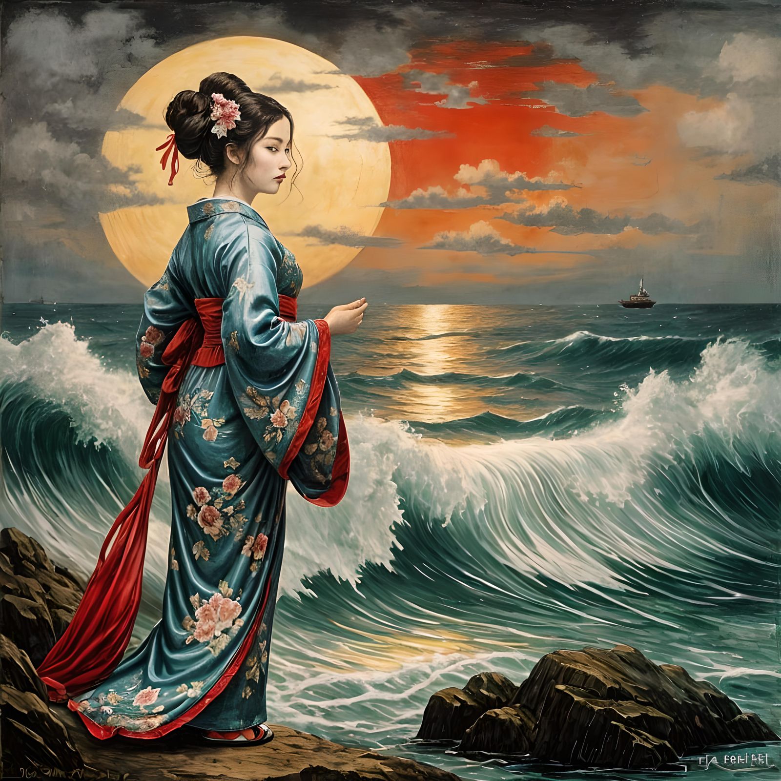 Romantic Geisha by the Ocean, Pre-Raphaelite Style