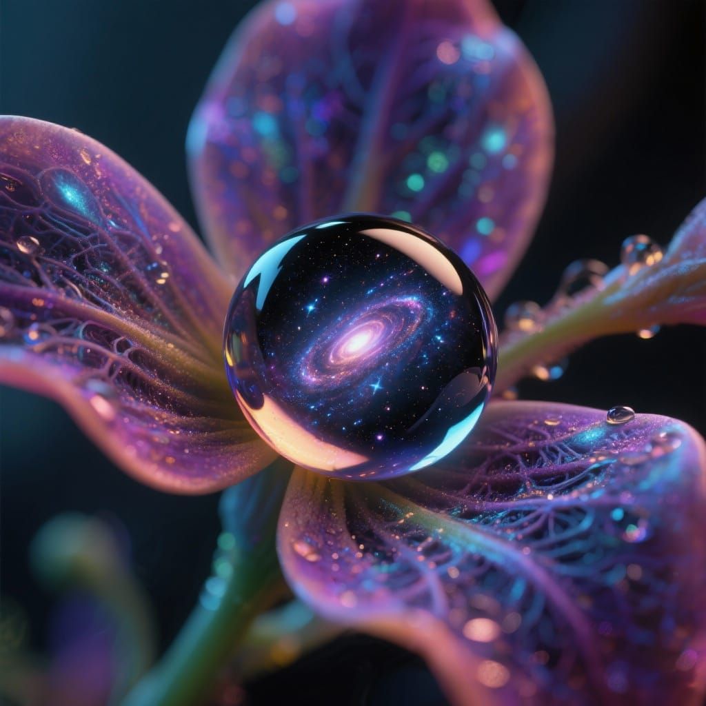 Cosmic Dewdrop Reflection on Alien Flower