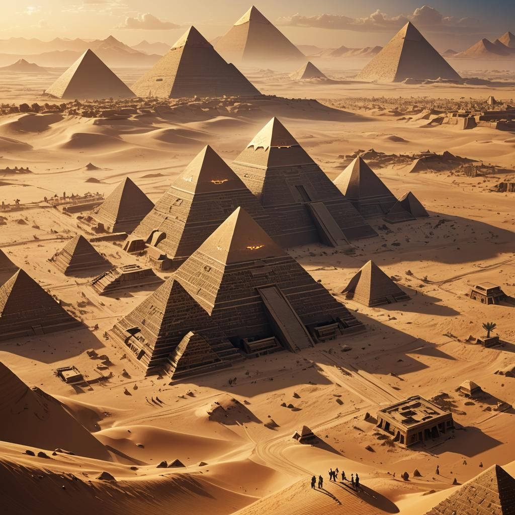 Futuristic Egyptian Pyramids in Desert Landscape