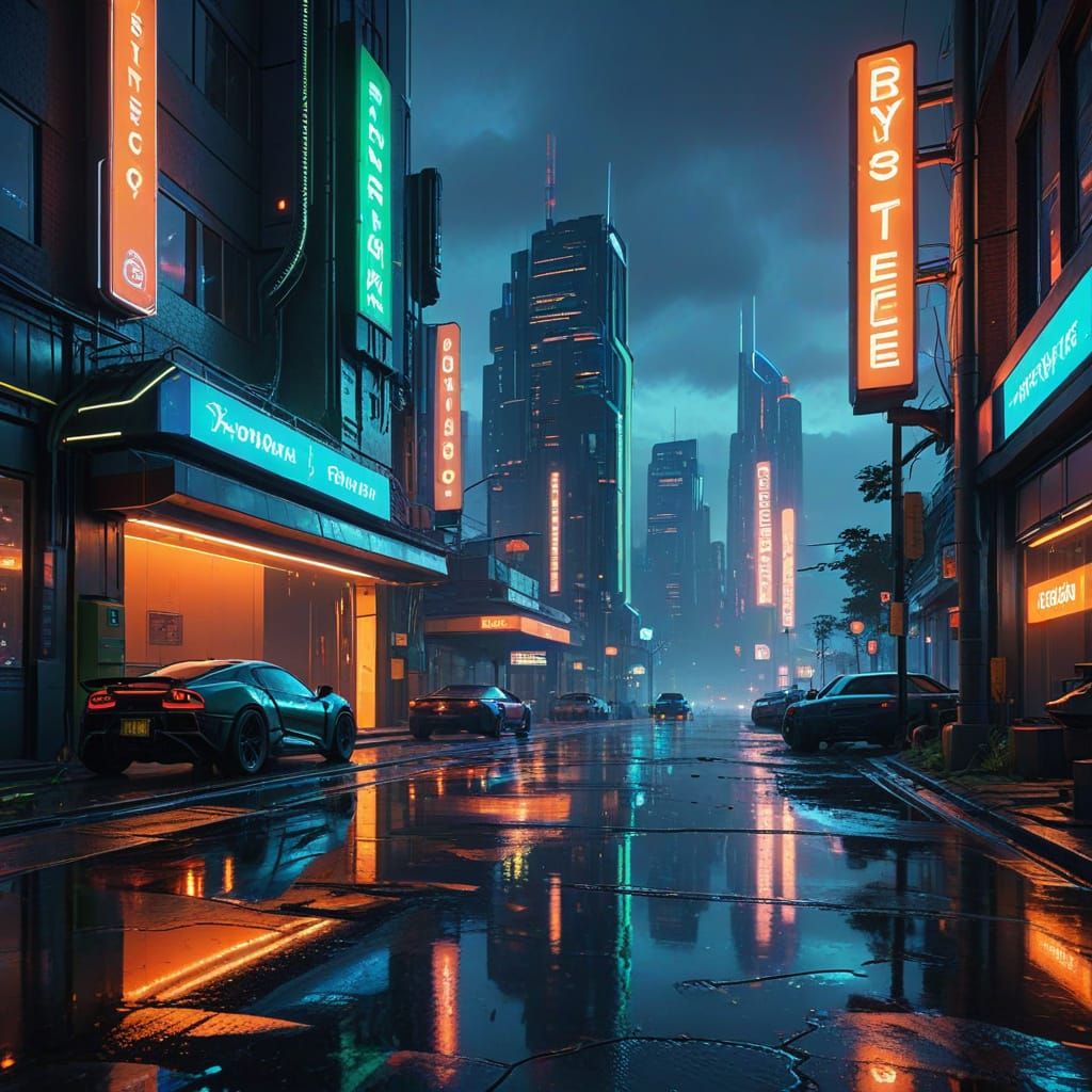 Cyberpunk Cityscape at Dusk in Neon Hues