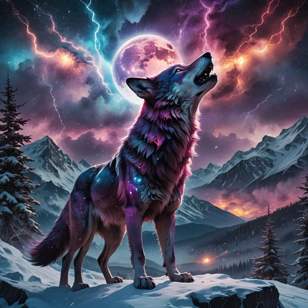Surreal Galaxy Wolf Howling at Blood Moon