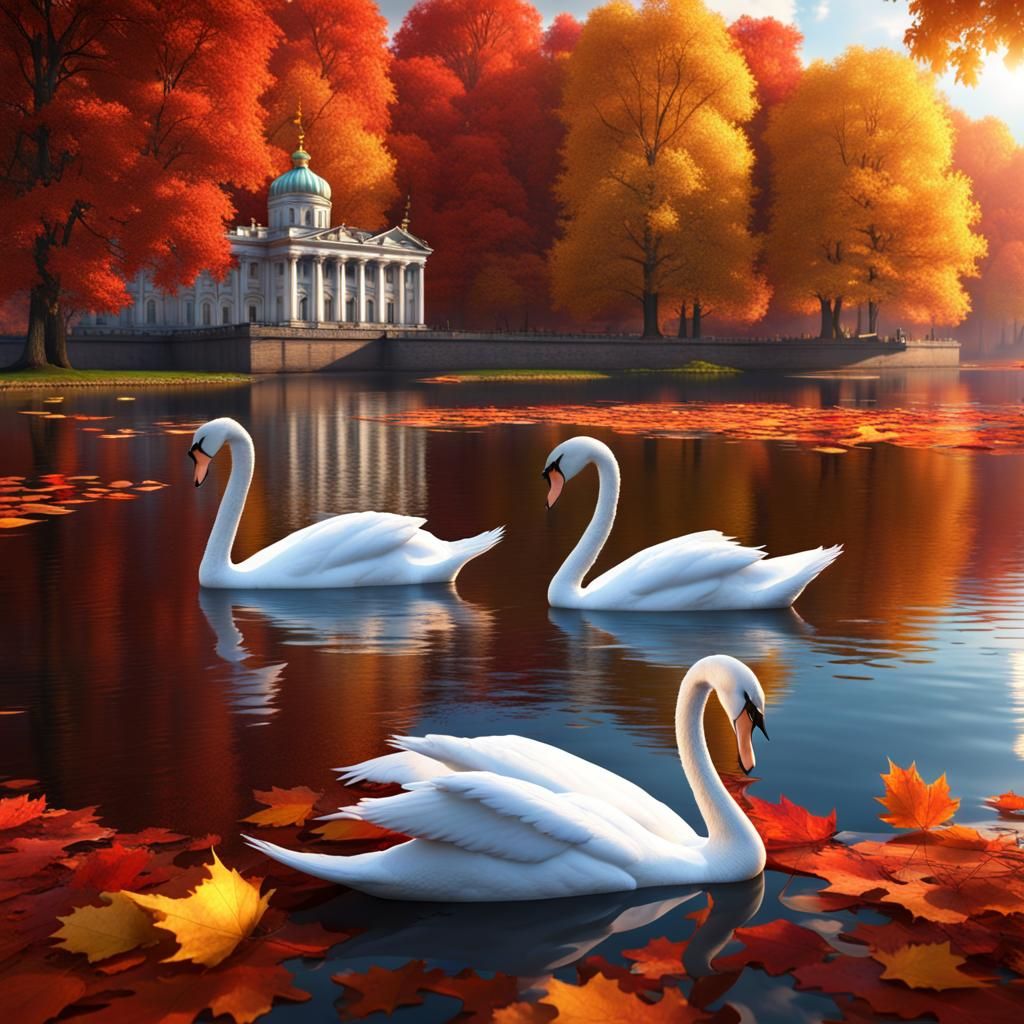 Swans at Saint Petersburg Castle in Autumn