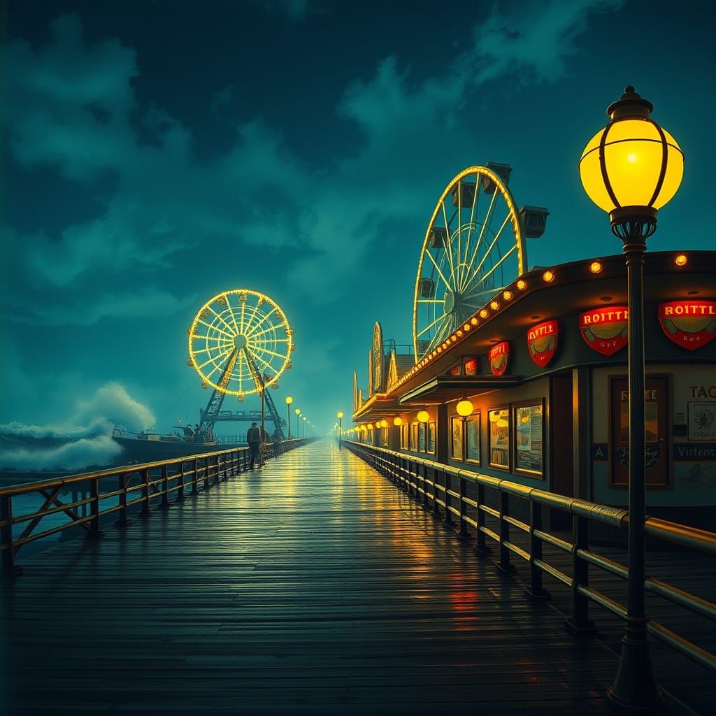 Vintage Boardwalk at Night: Pulp Magazine Cover