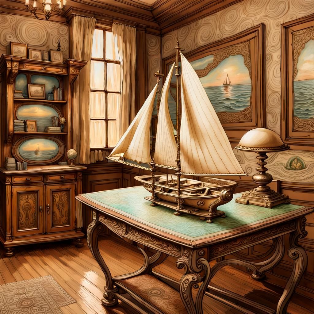 Magical Pearlescent Sailboat Sepia Sketch Diorama