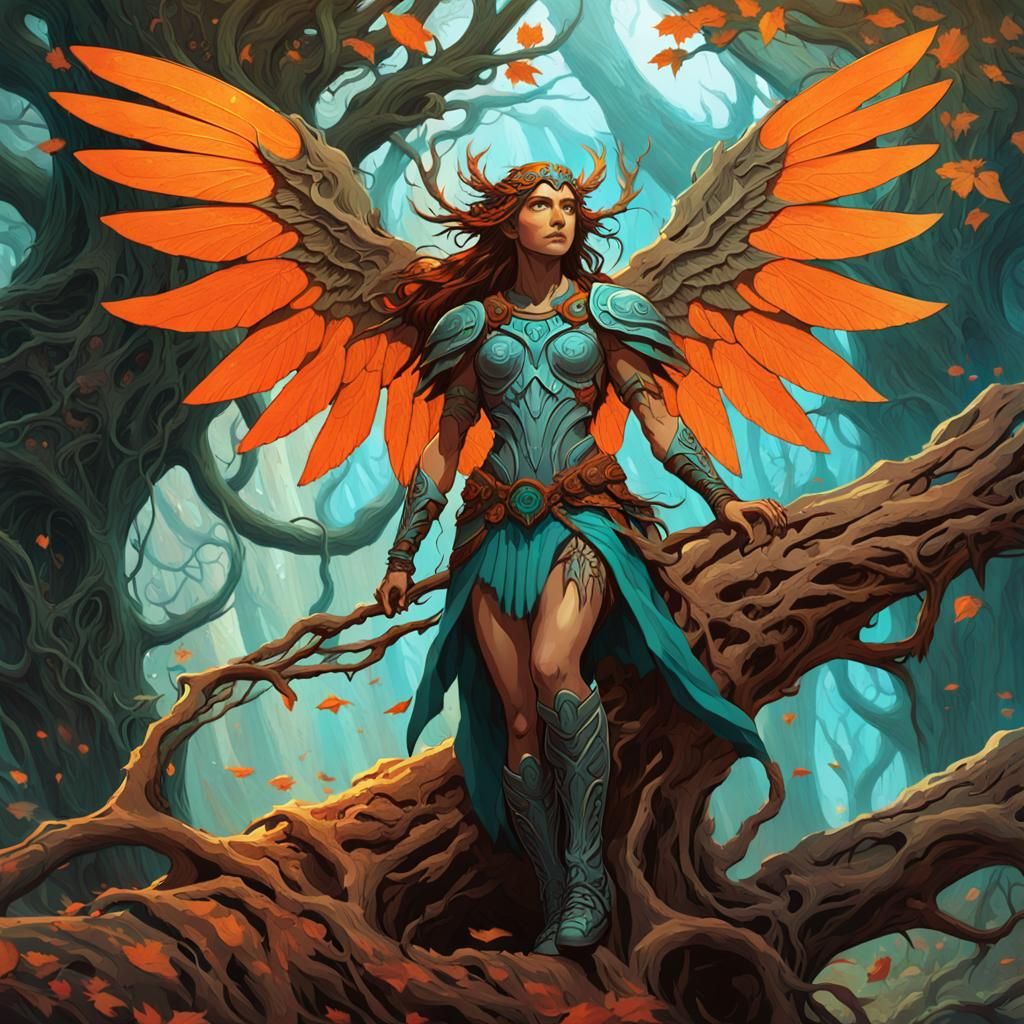 Winged Warrior Fantasy Art in Triadic Color Scheme
