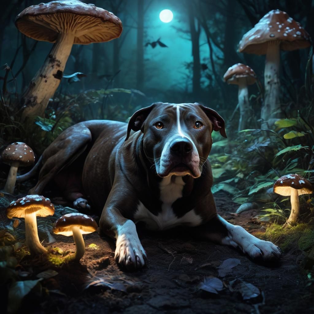 Dog Asleep in Bioluminescent Dark Fantasy Illustration