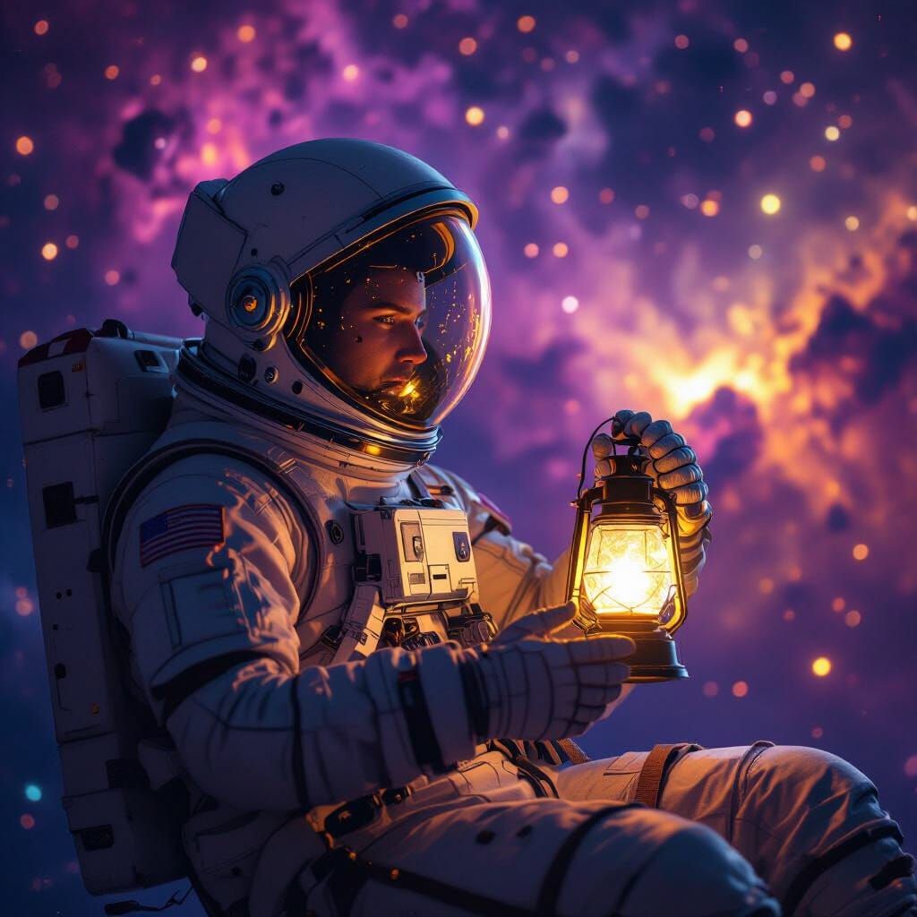 Astronaut Adrift in Space with Glowing Lantern