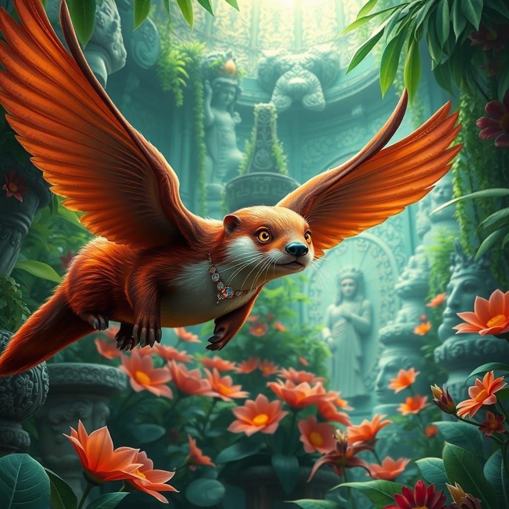 Winged Fire Otter Flies Through Lush Garden