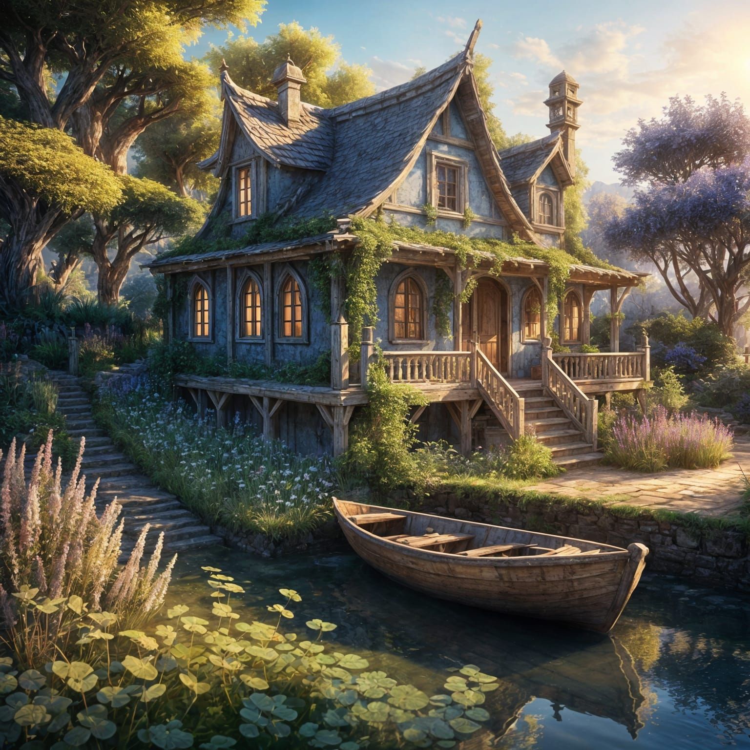 Serene Ancient House and Boat in Morning Sun