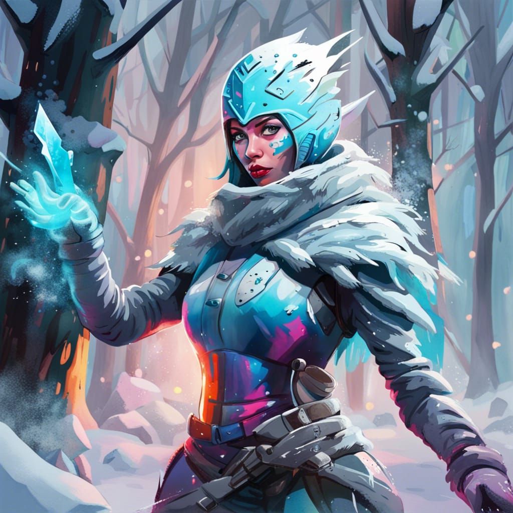 Ice Warrior in Winter Woods: Graffiti Art Style