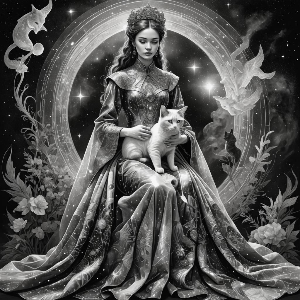 Woman in Gown with Cat: Cosmic Illustration