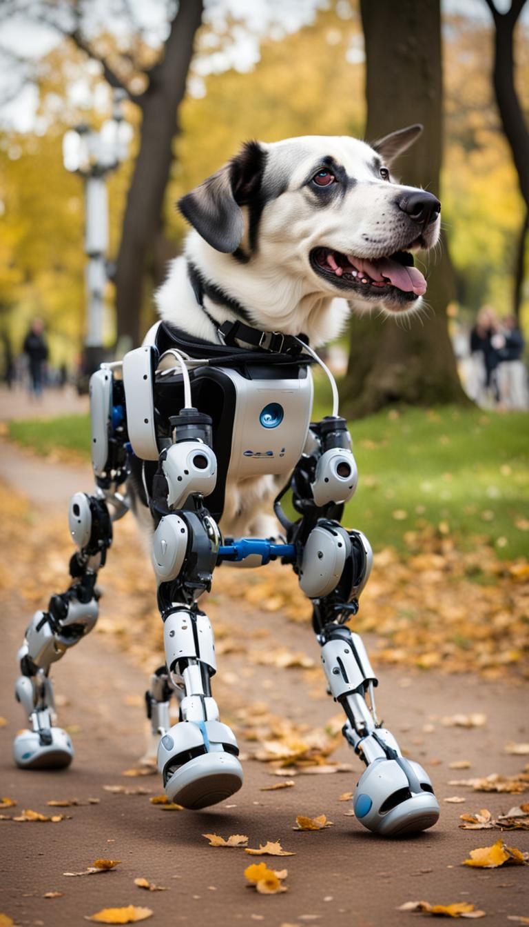 Joyful Dog Walks with Robotic Legs in Park