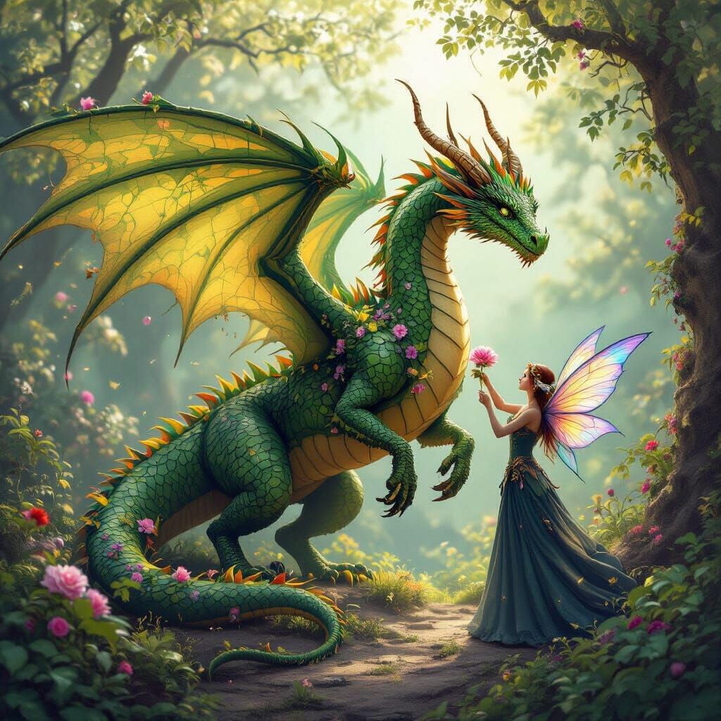 Enchanted Forest Dragon Meets Fairy with Golden Wings