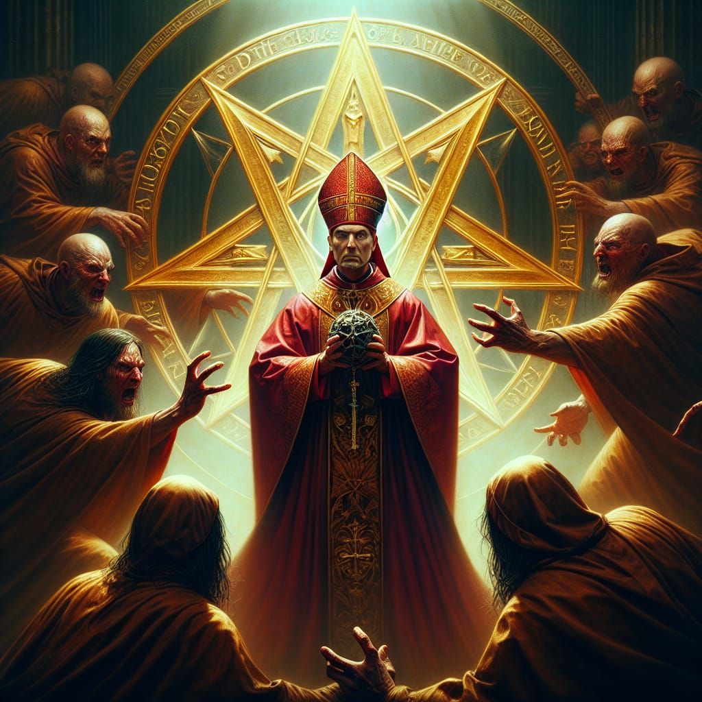 Defiant Cardinal in Mystical Medieval Scene