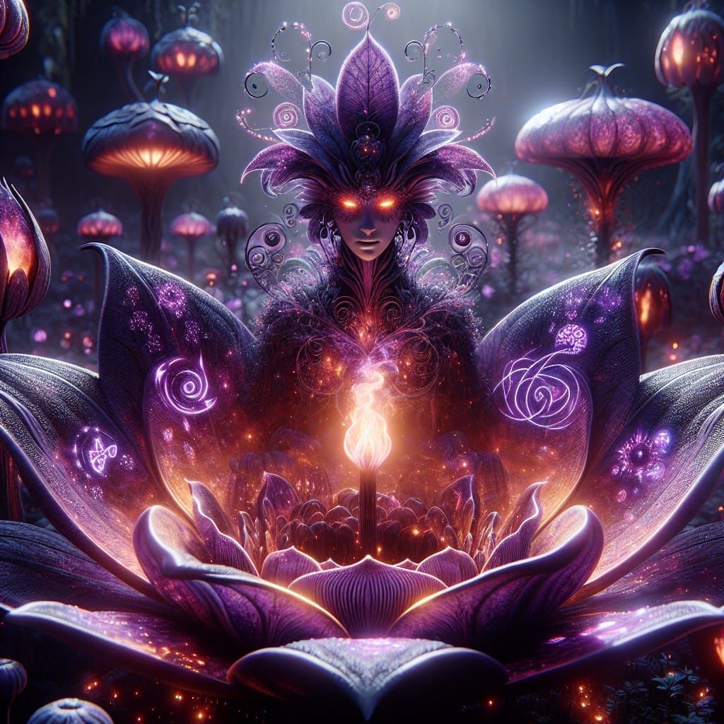 Mystical Goddess Emerges from Violet Bloom in Dark Fantasy R...