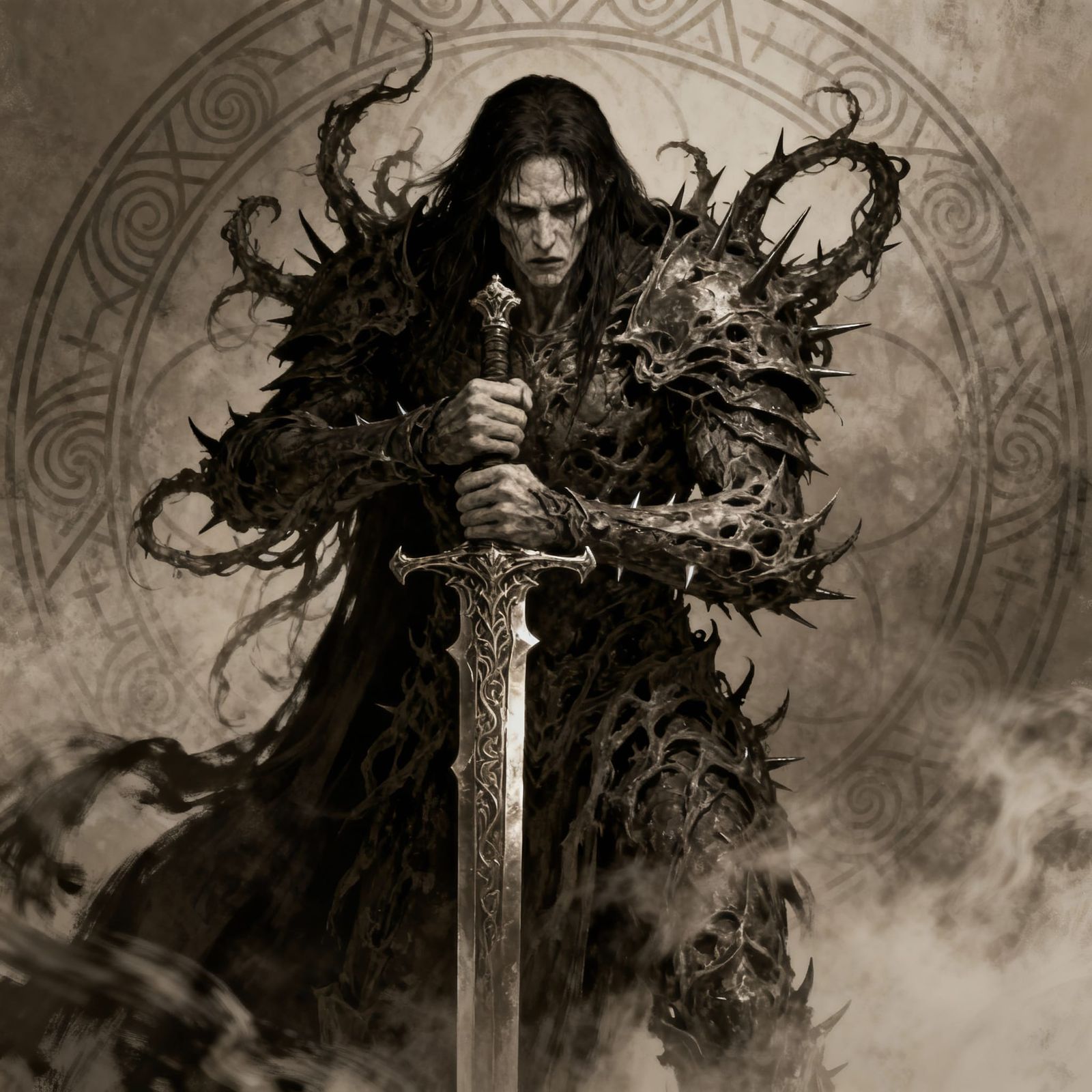 Ominous Dark Fantasy Warrior with Ornate Sword
