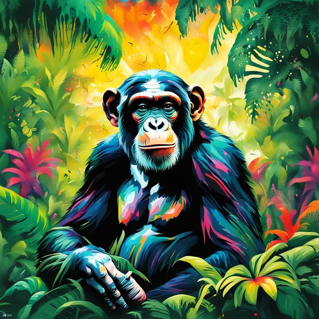 Chimpanzee in Tropical Forest, Graffiti Art Style