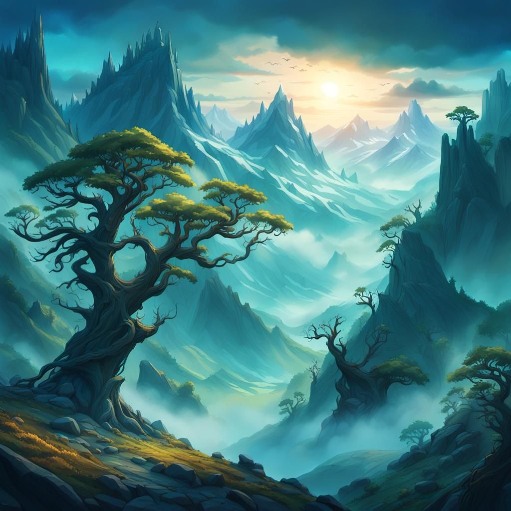 Misty Mountains Landscape in Hyper-Realistic Style