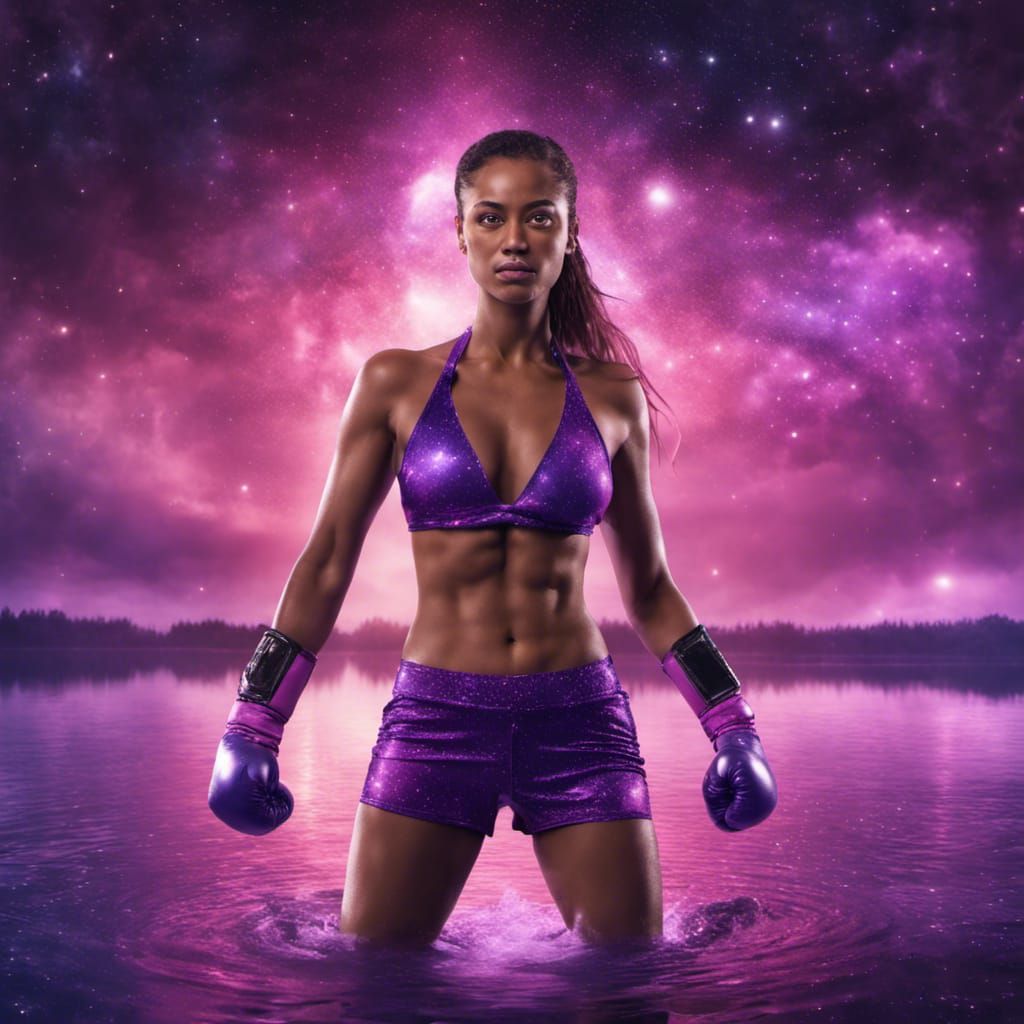Beautiful boxer Woman in a purple bikini