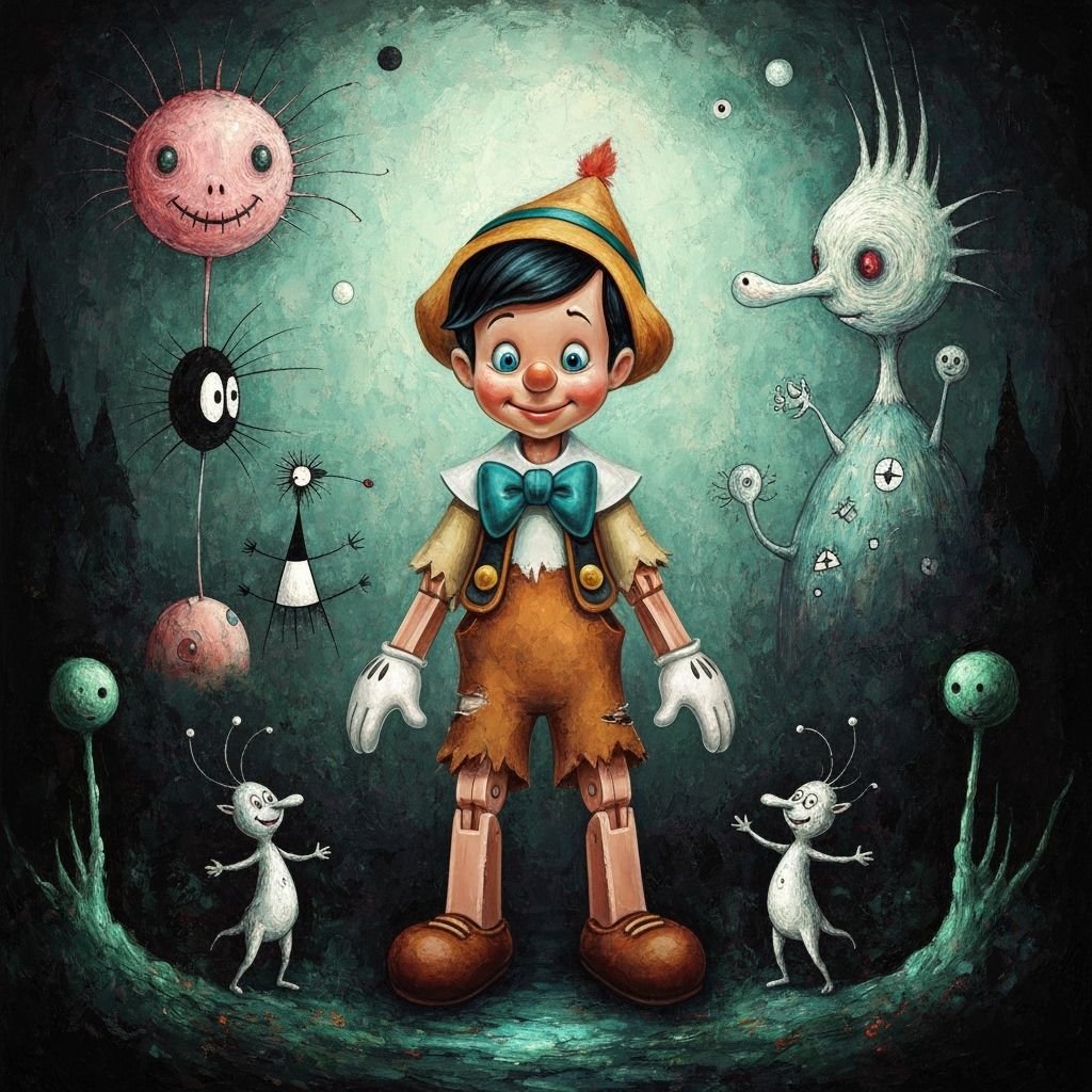 Eerie Pinocchio in Surreal Dreamscape, Gouache Style