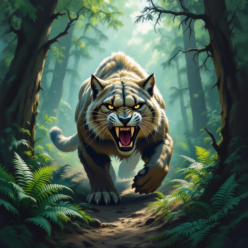 Saber-Toothed Cat in Prehistoric Forest Painting