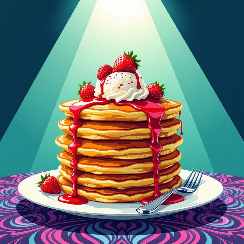 Giant Pancake Skyscraper with Strawberry Sauce, in Abstract ...