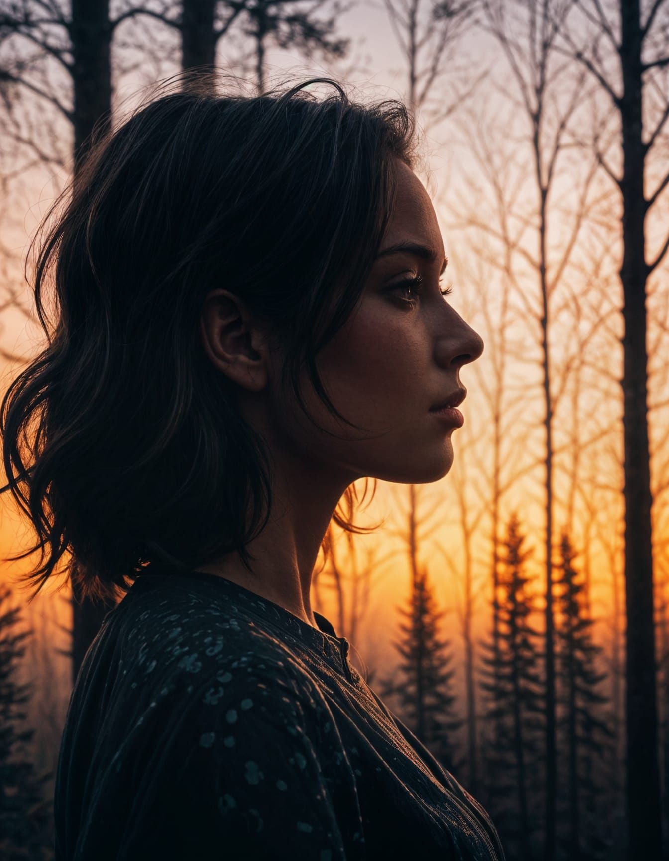 Sunset Silhouette: Modern Digital Art with Double Exposure