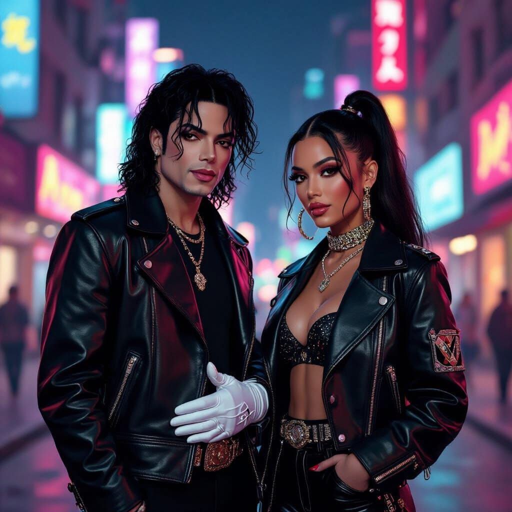 Neon Cityscape Featuring Two Stylish Figures