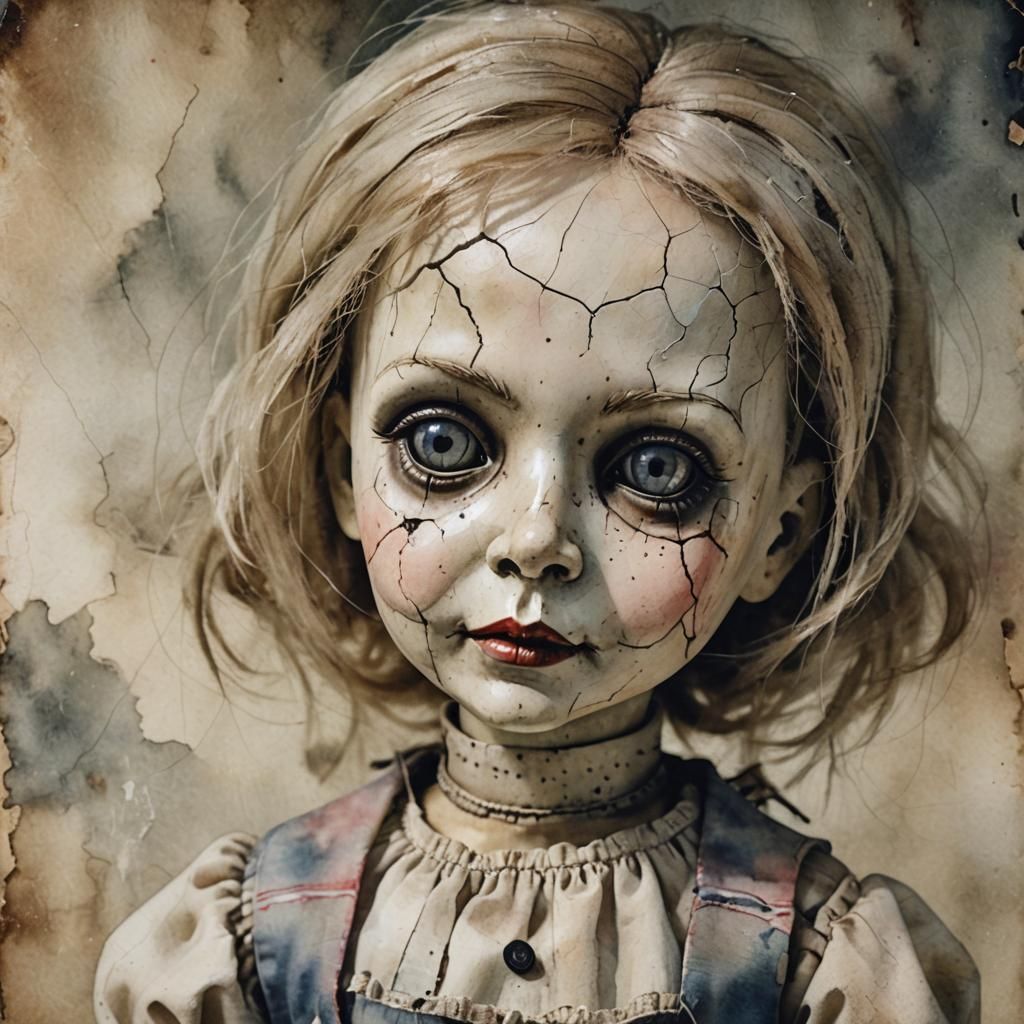 Creepy Cracked Doll: Abstract Watercolor Close-Up