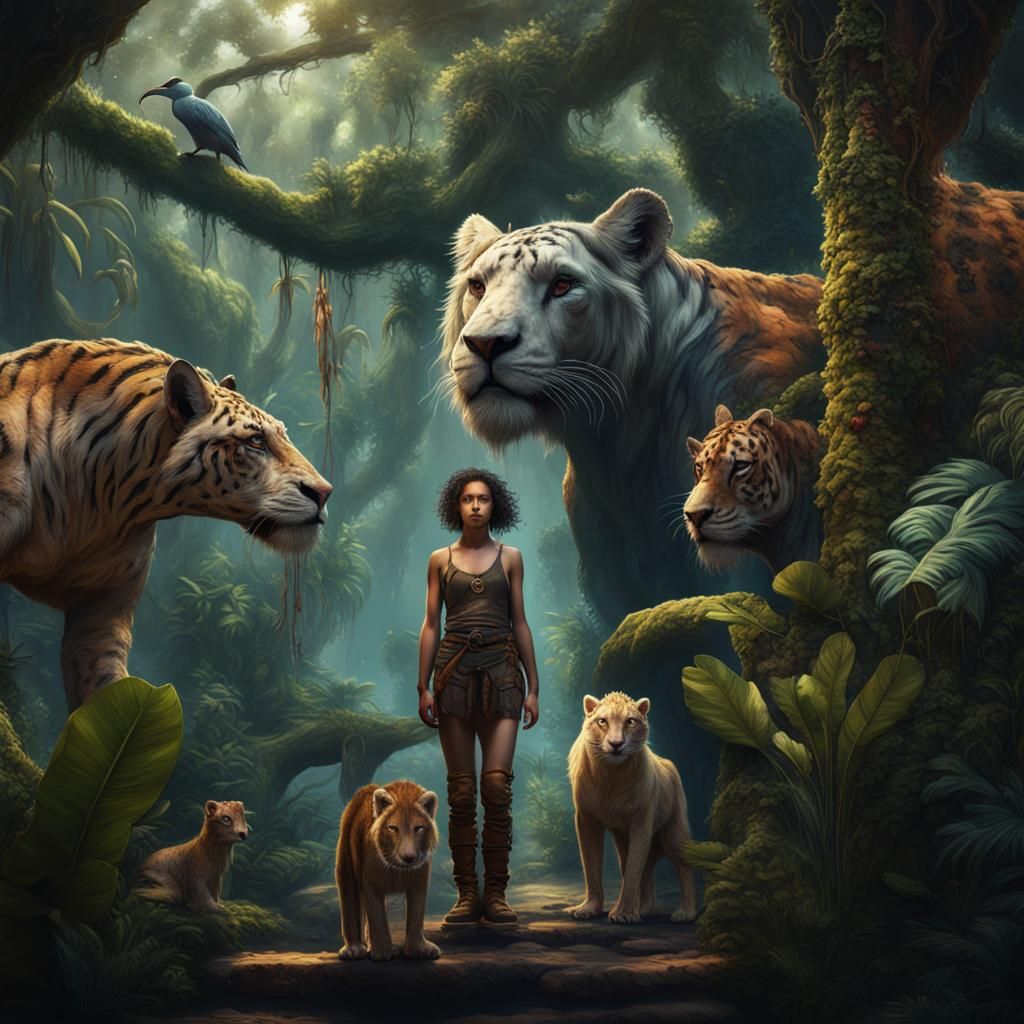 Girl with Jungle Animals in Detailed Matte Painting