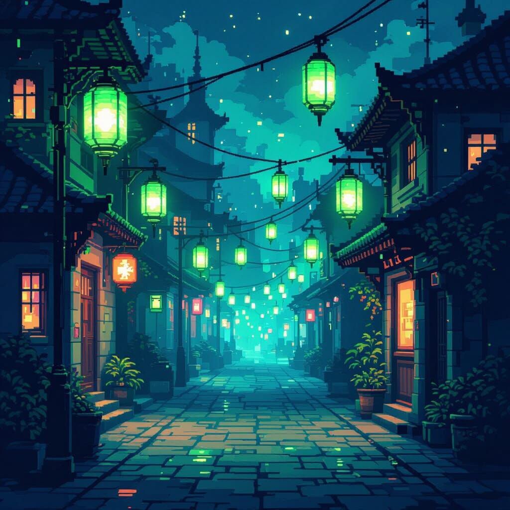 Pixel Art Night Street with Emerald & Sapphire Lanterns