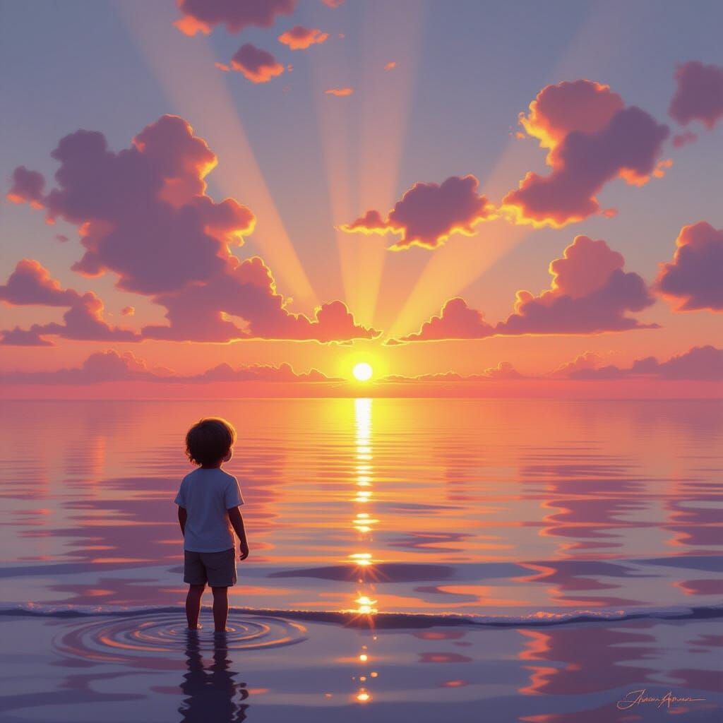 Child Watches Golden Sunset Over Calm Sea