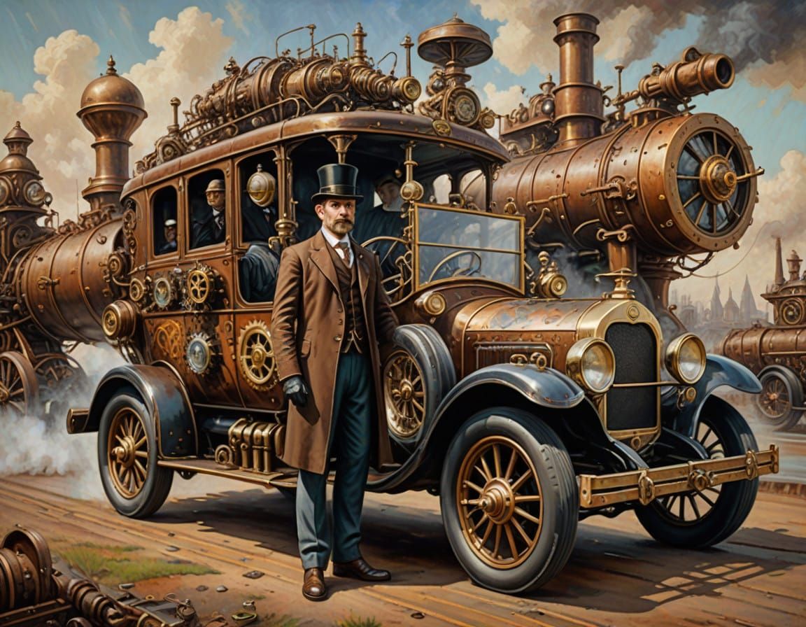 Gentleman in Elegant Steampunk Vehicular Marvel