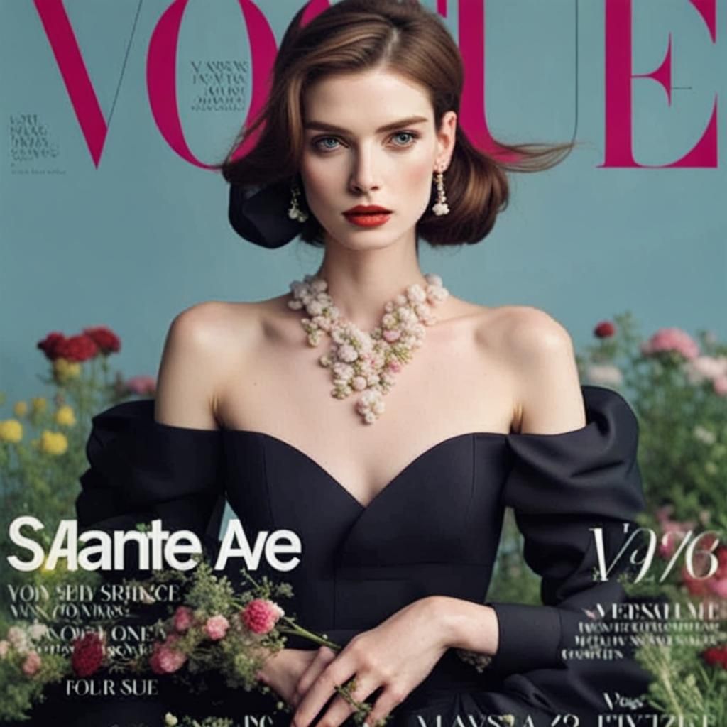 VOGUE magazine cover. Flower garden background.