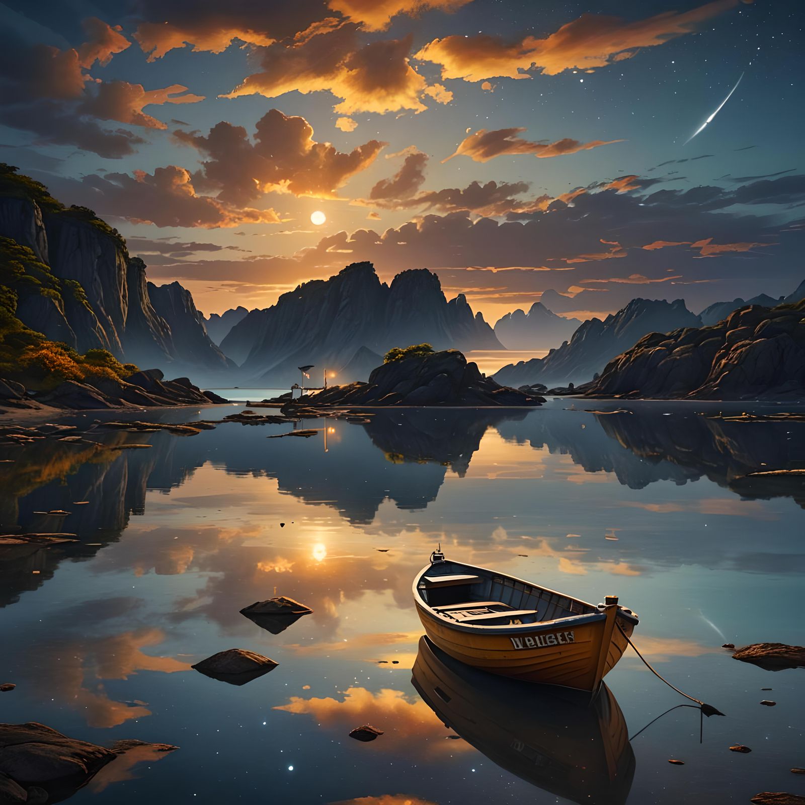 Fishing Boat on Lagoon at Sunset: Hyperrealistic Landscape