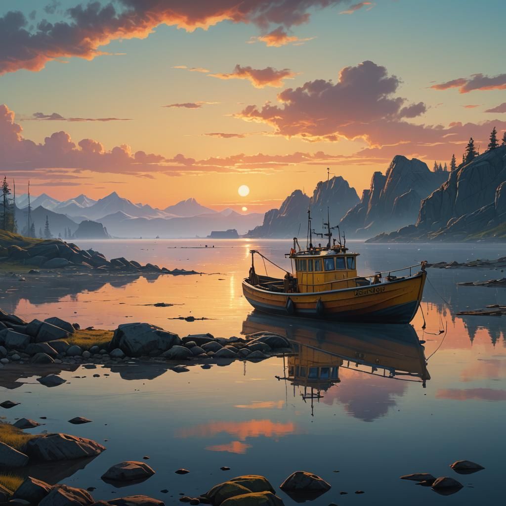 Fishing Boat on Lagoon at Sunset: Photorealistic Art