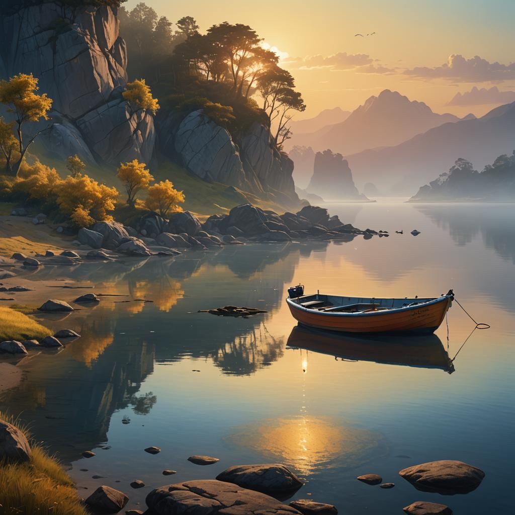 Lagoon Fishing Boat at Sunset: Digital Matte Painting