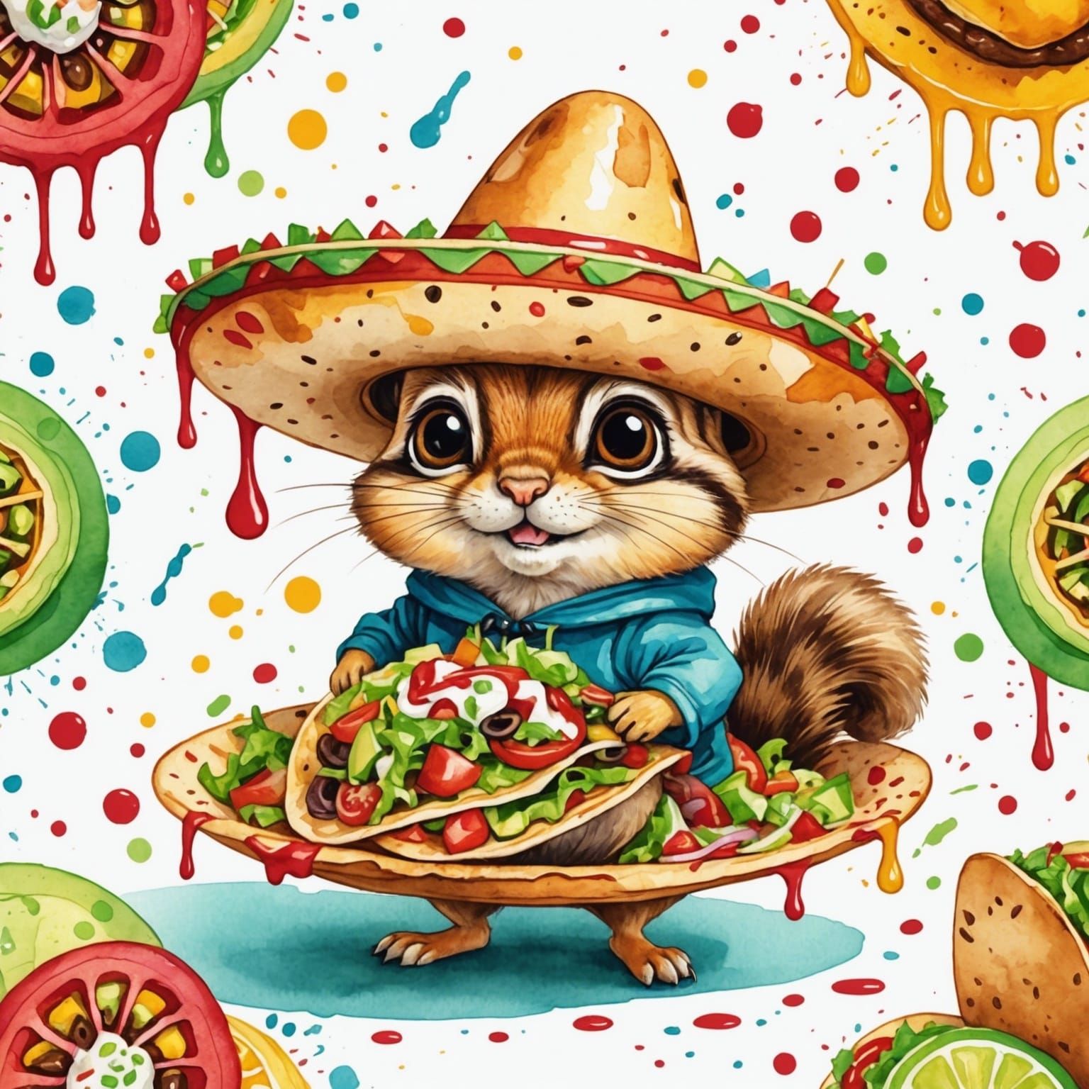 Sombrero Chipmunk Feasting on Tacos in Kawaii Watercolor