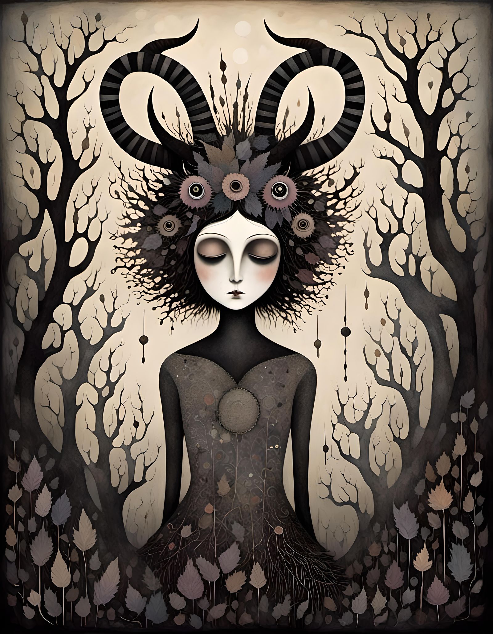 Gothic Pagan Woman with Horns in Black and White