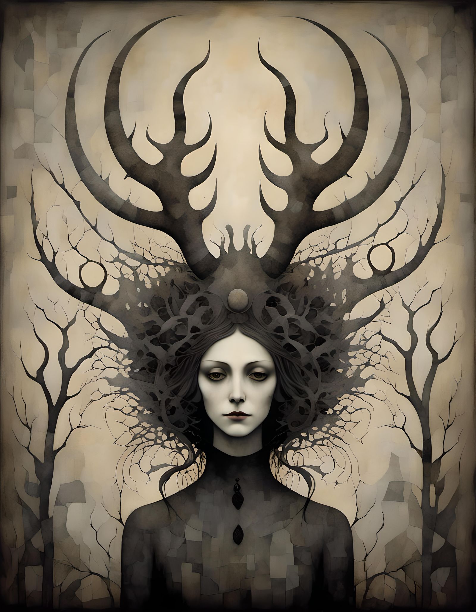Gothic Pagan Woman with Horns in Black and White