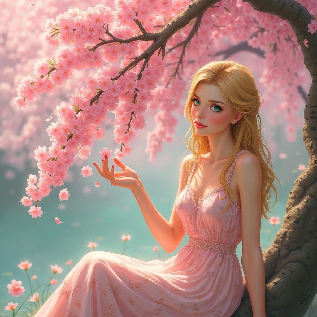 Woman Controls Cherry Blossoms in Realistic Digital Art
