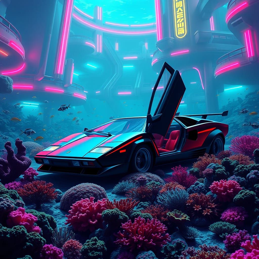 Lamborghini at the Ocean Floor in Neon 80s Style