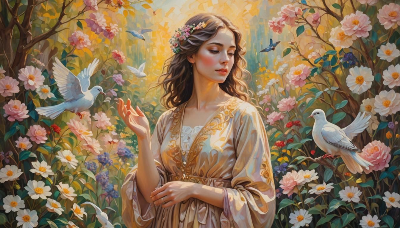 Woman and Dove in Garden: Klimt-Inspired Oil Painting