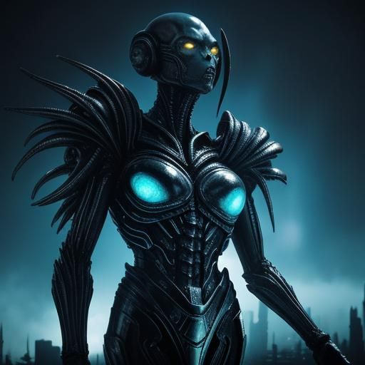Alien Queen Triumphant in Surreal Cityscape