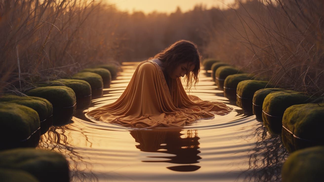 Figure in Golden Water at Sunset, Gregory Crewdson Style