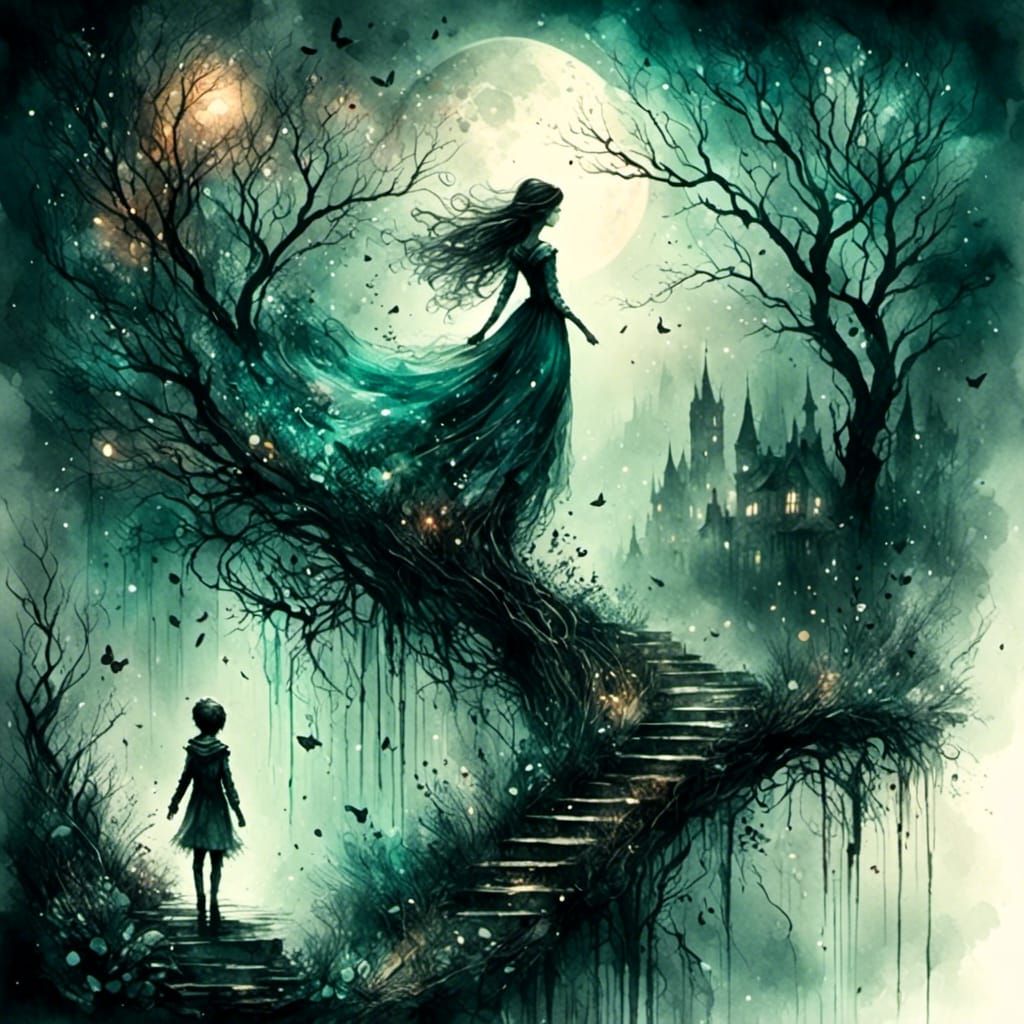 Enchanted Forest in Black and White Ink Style