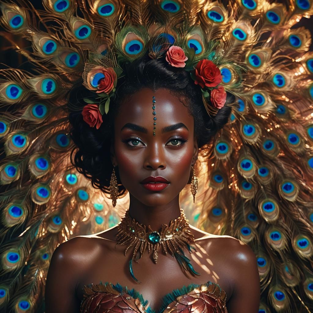 Woman with Peacock Feathers in Hair, Cinematic Style