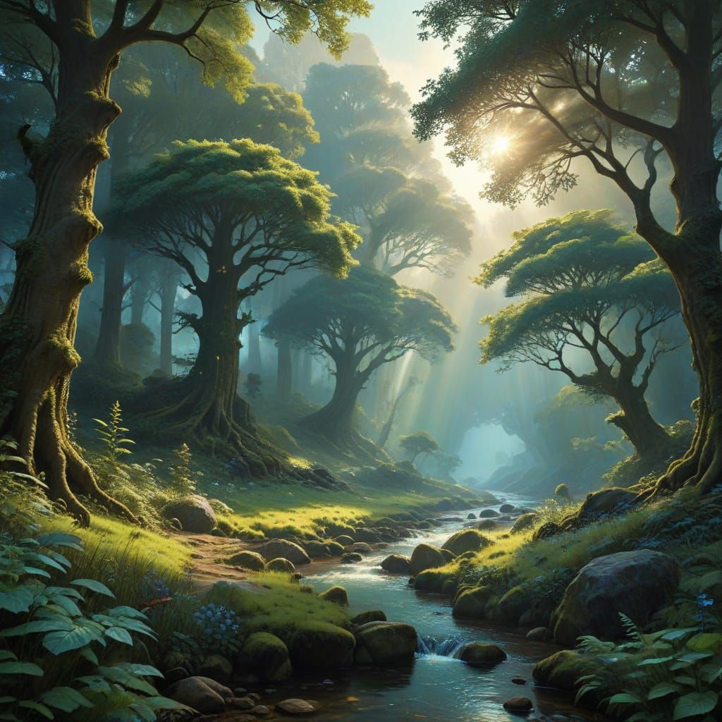 Mystical Druid in a Lush Fantasy Forest