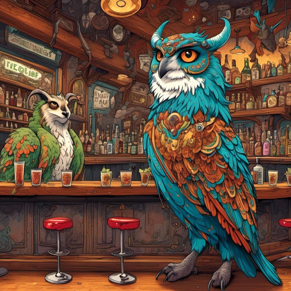 Humorous Fantasy: Owl, Goat, and Jaguar Walk Into a Bar