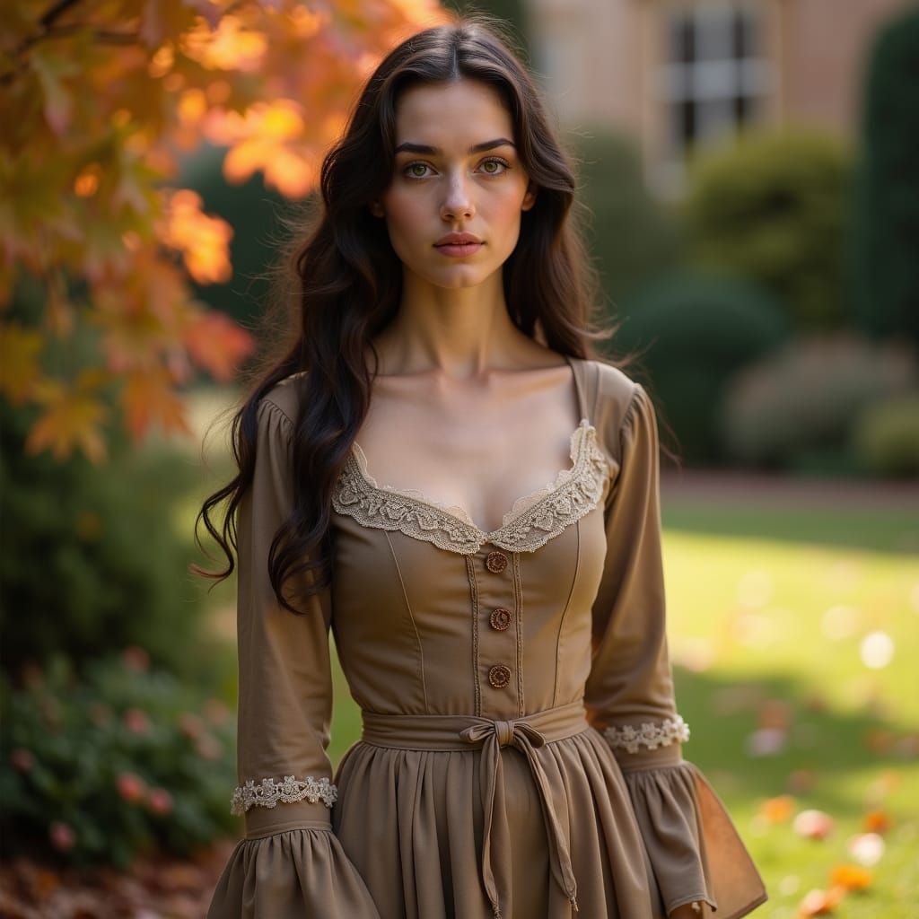 Victorian Woman in Autumn Garden, Pre-Raphaelite Style